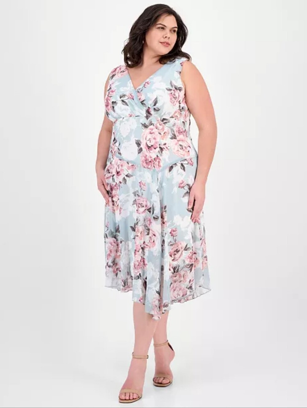 Connected Apparel Floral Dress 18W Plus Size Blue Pink Sleeveless Chiffon $159